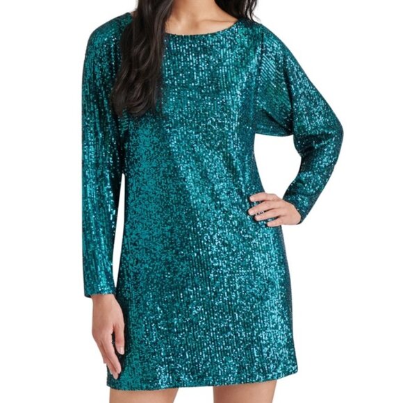 Steve Madden Ginger Sequin Mini Dress Long Sleeve Deep Teal NWT Size 2 - Picture 1 of 5